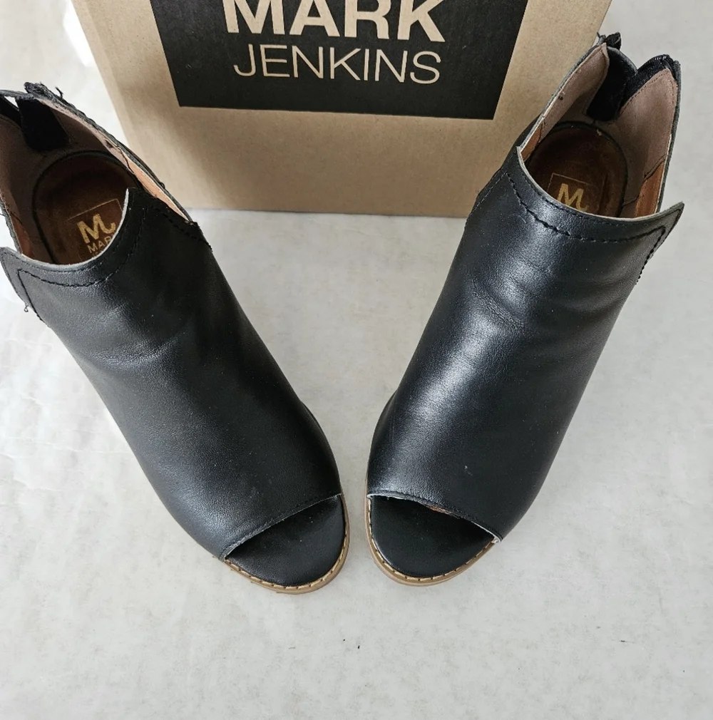 Mark Jenkins Vino Leather Black Wedge Open Toe Shoes